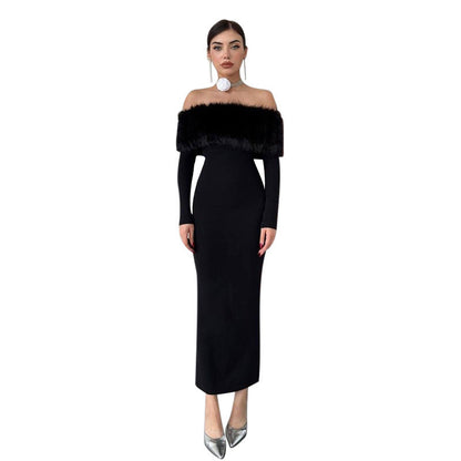Onyx Fur Midi Dress - Black