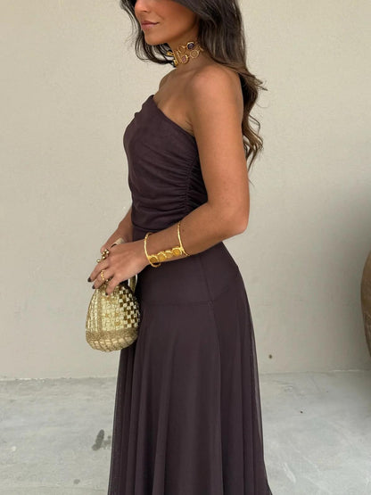 Off Shoulder Bardot Ruched Panel Sheer Overlay Column Maxi Gown