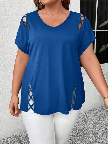 Hollow Out V-neck Cross Belt Short-sleeved T-shirt