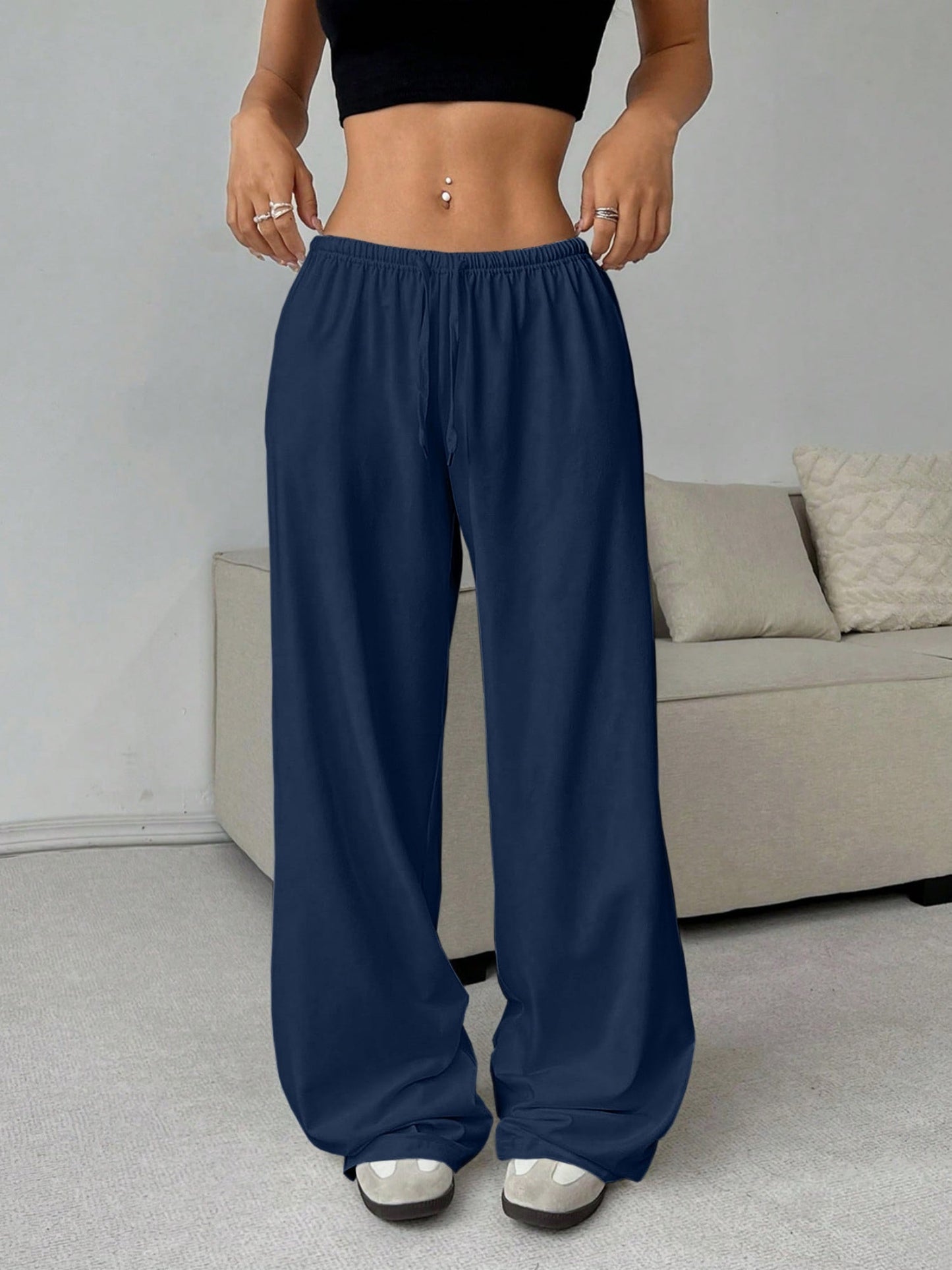 Elastic Waistband Lace Up Wide-leg Pants