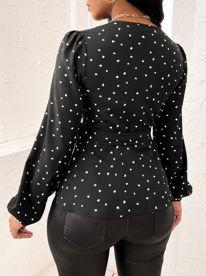 V-neck Heart-shaped Print Cross Neck Straps Blouse