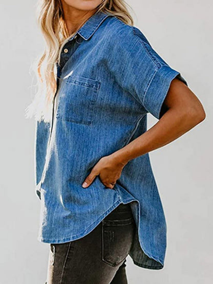 Denim Lapel Pocket Buttons Short-sleeved Shirt