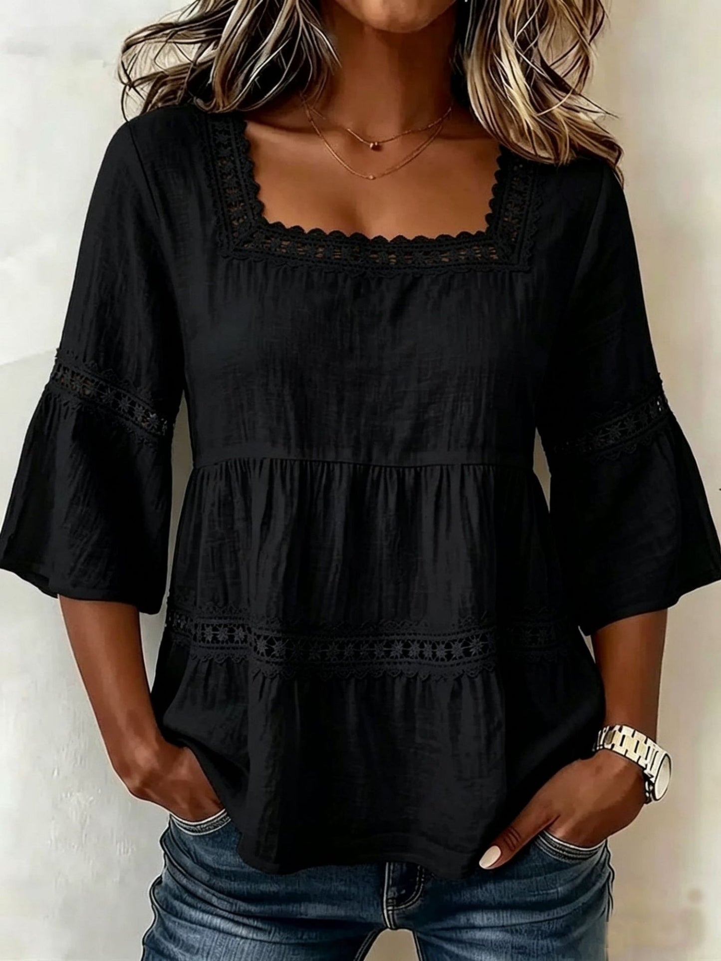 Lace Patchwork Cotton And Linen Square Neckline And Three-quarter Sleeves T-shirts