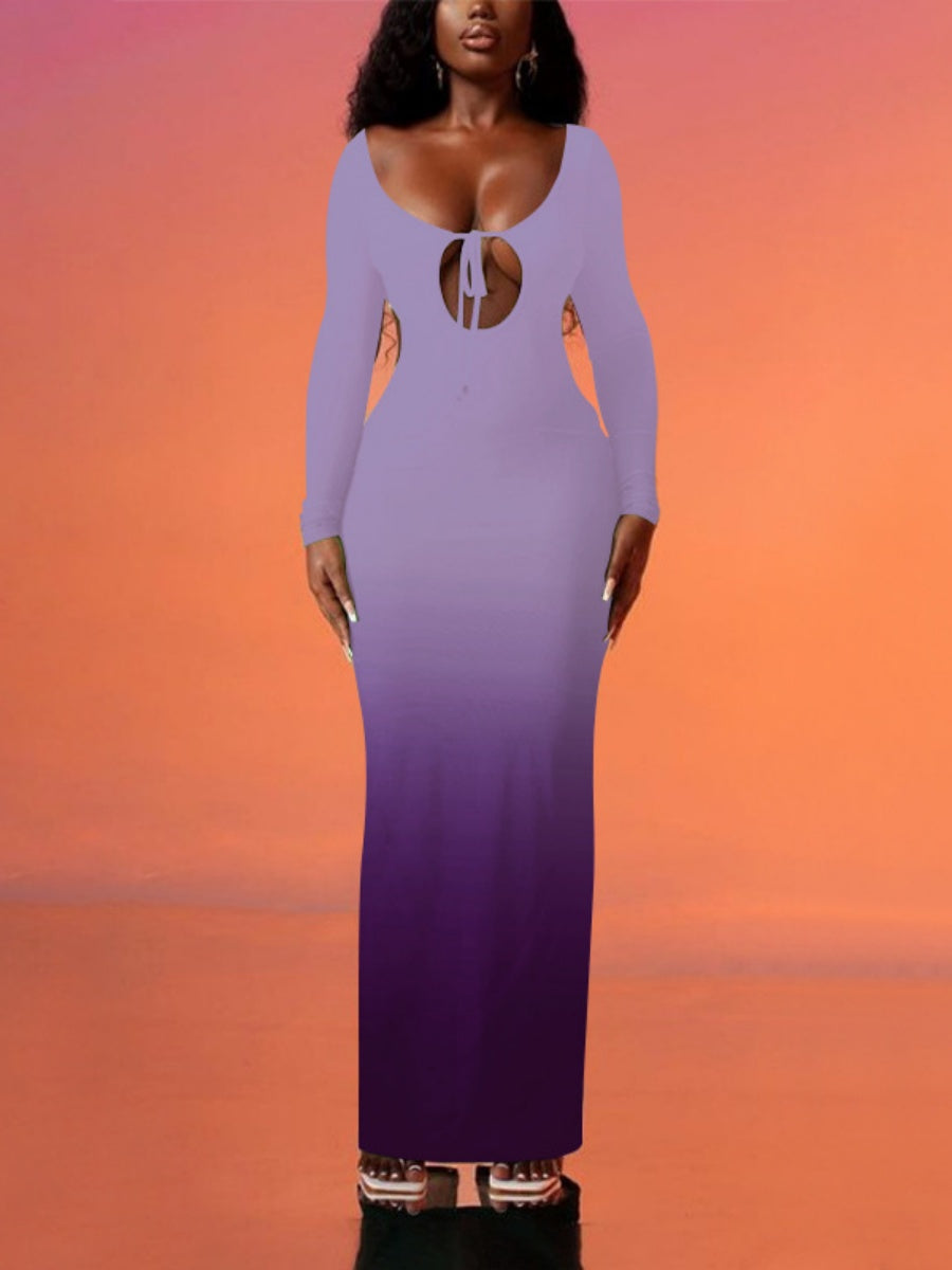 Deep V Gradient Backless Hip-hugging Sexy Stretch Maxi Dresses