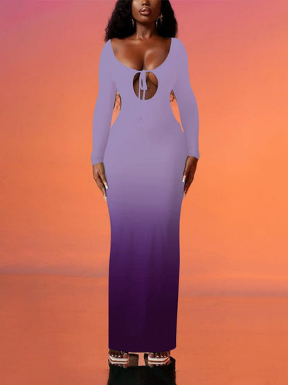 Deep V Gradient Backless Hip-hugging Sexy Stretch Maxi Dresses