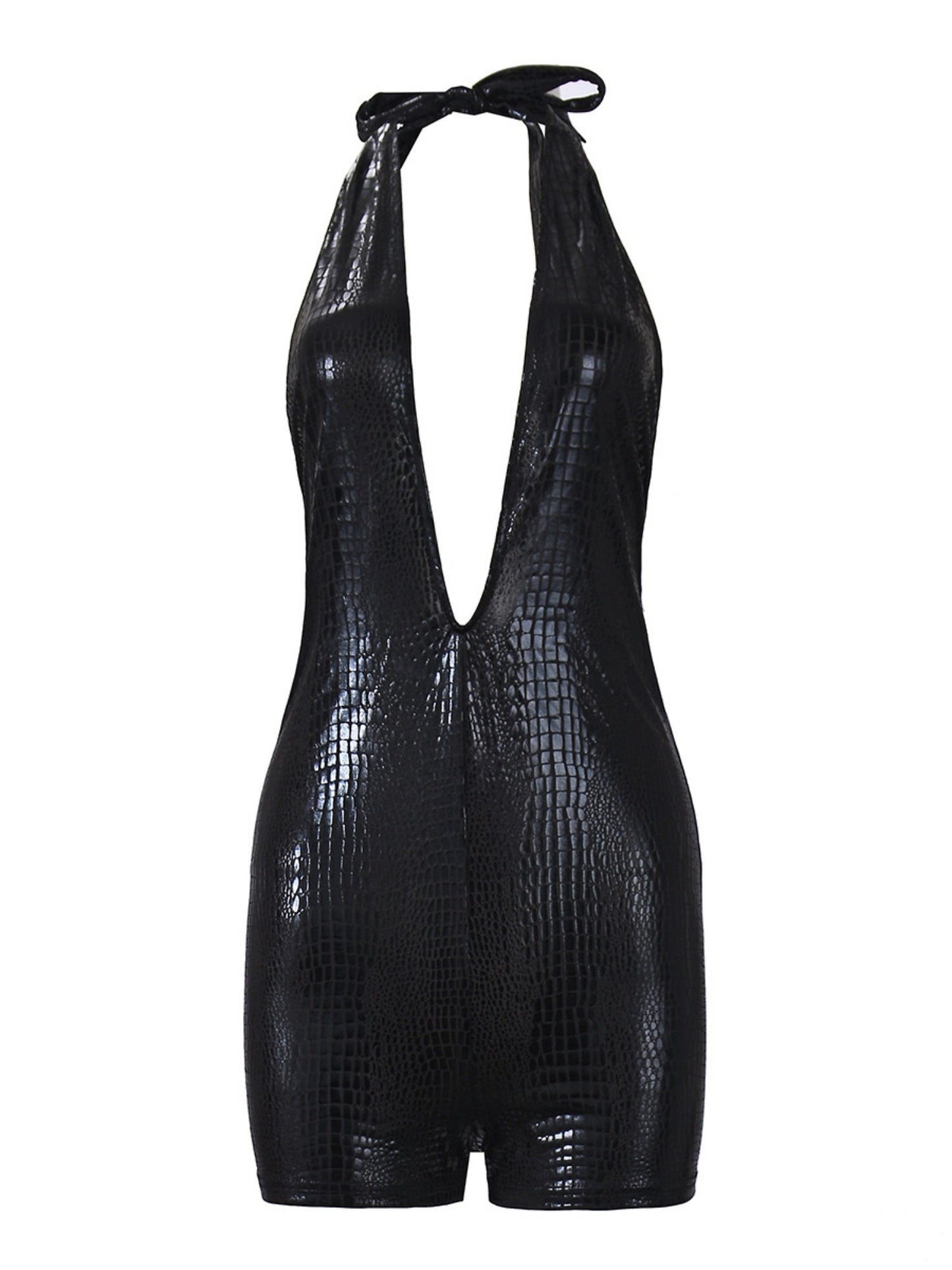Imitation Leather Snake And Crocodile Patterns Deep V Halter Neck Open Back Bodysuits