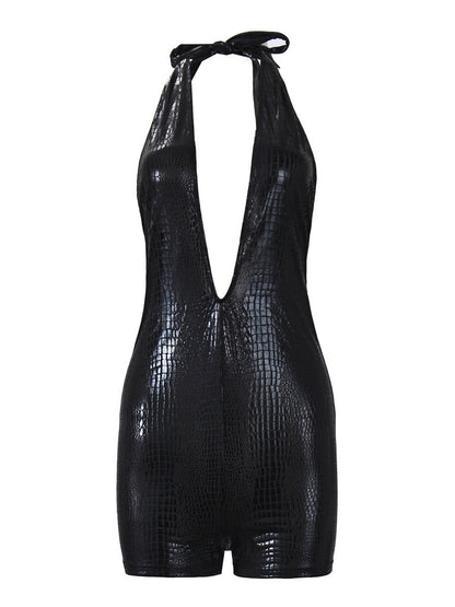 Imitation Leather Snake And Crocodile Patterns Deep V Halter Neck Open Back Bodysuits
