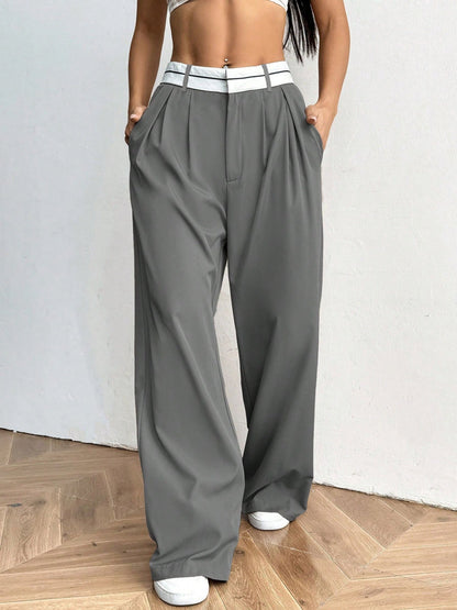 Color-blocked Suit Trousers Pocket Pleats Pants