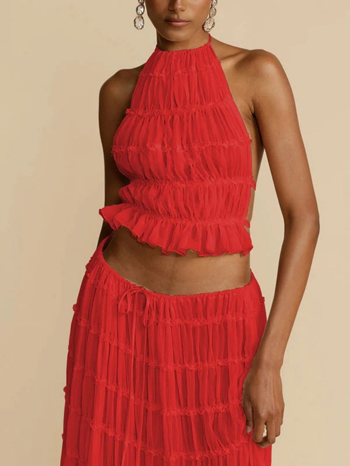 Pleated Sleeveless Backless Halter Neck Full Skirt 2-piece Sets