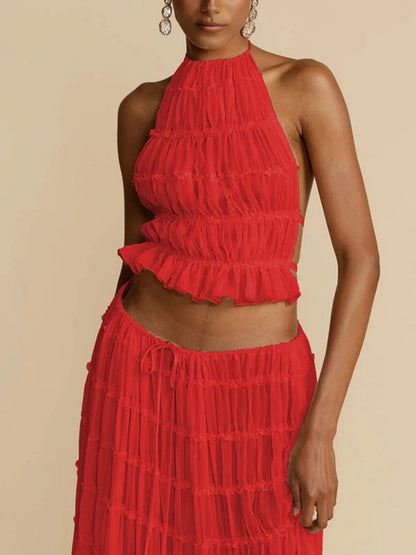 Pleated Sleeveless Backless Halter Neck Full Skirt 2-piece Sets