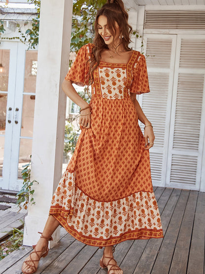 Printed Color-blocked Square Neck Short Sleeve Maxi Dresses