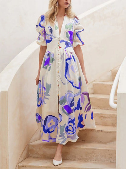 Printed Buttons Shirt Dress Vacation Maxi Dresses