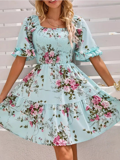 Printed Pleated Square Neck Short Sleeve Mini&Short Dresses