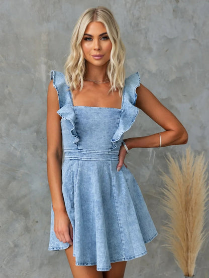 Denim Flying Sleeves Backless Mini&Short Dresses