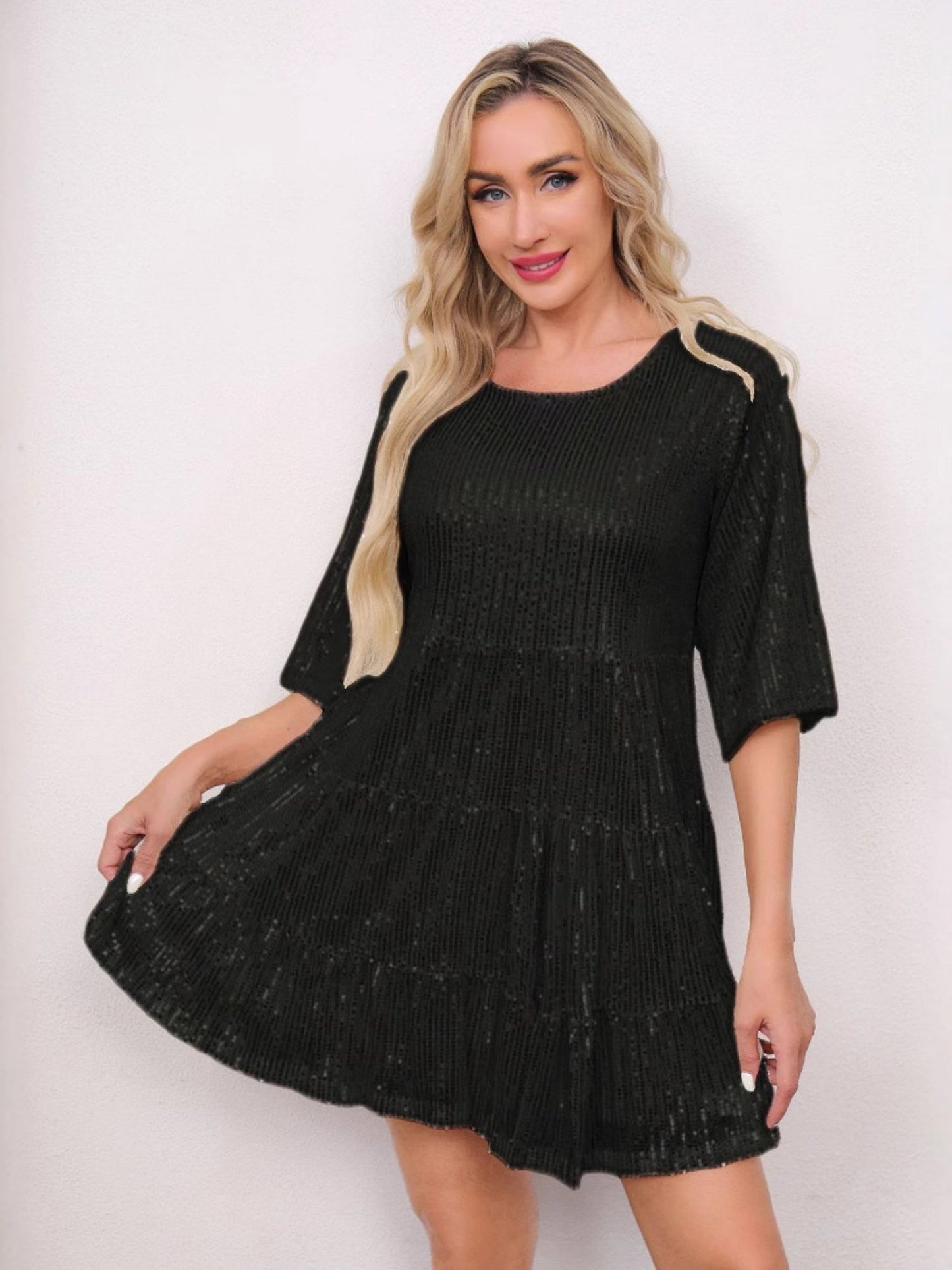 Sequins Pleated Multi-story Crew Neck Short Sleeve Mini&Short Dresses