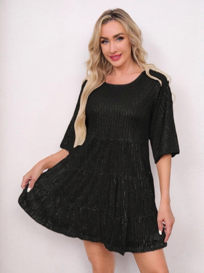 Sequins Pleated Multi-story Crew Neck Short Sleeve Mini&Short Dresses