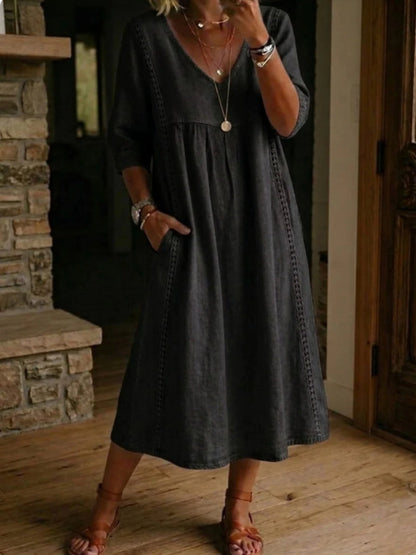 Lace Trim Linen Cotton V-neck Maxi Dresses