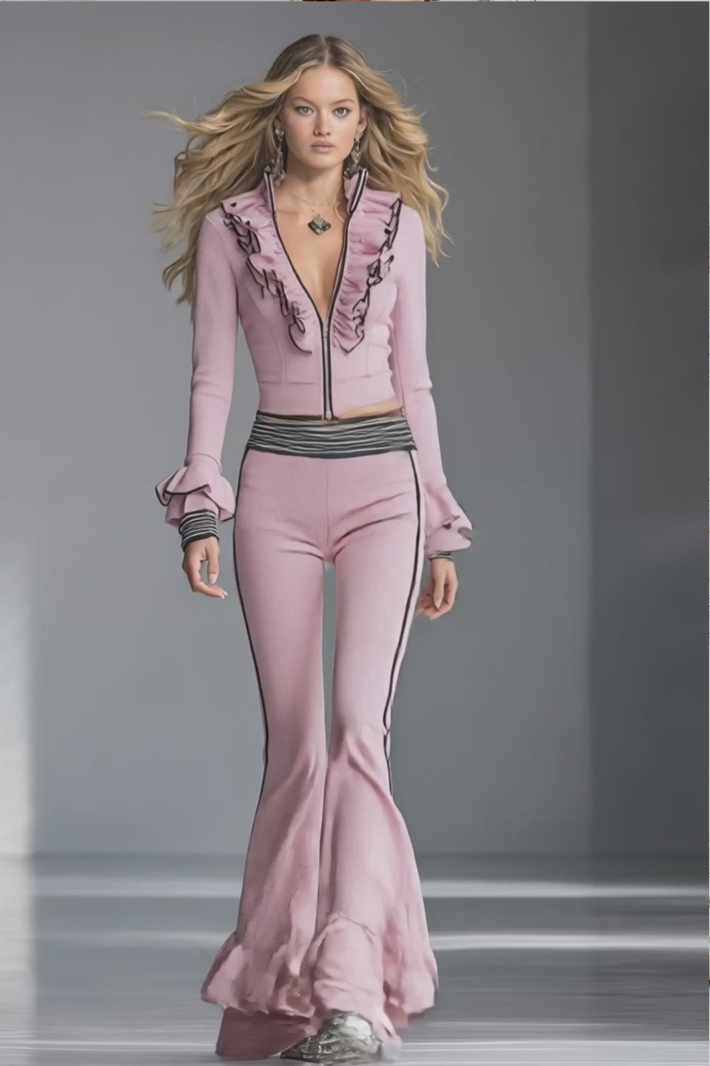 Elegant Sporty Black-Trimmed Pink Flared Pants Set