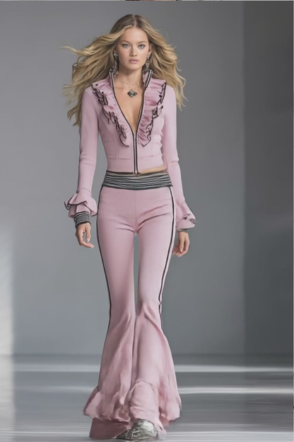 Elegant Sporty Black-Trimmed Pink Flared Pants Set