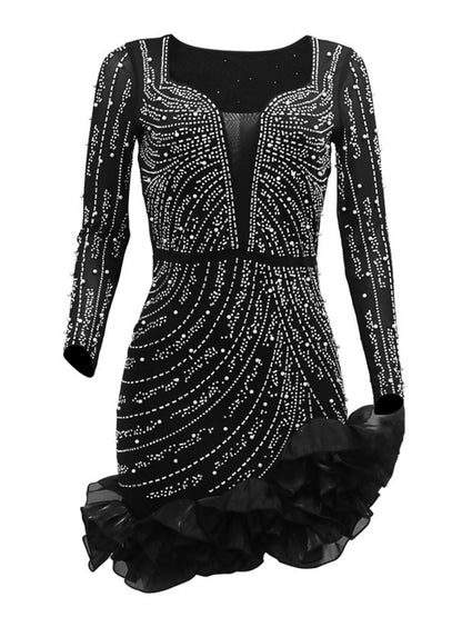3D Flowers Hot-fix Rhinestones And Bubble Beads Evening Gown Sheer Long-sleeved Square Neck Mini&Short Dresses