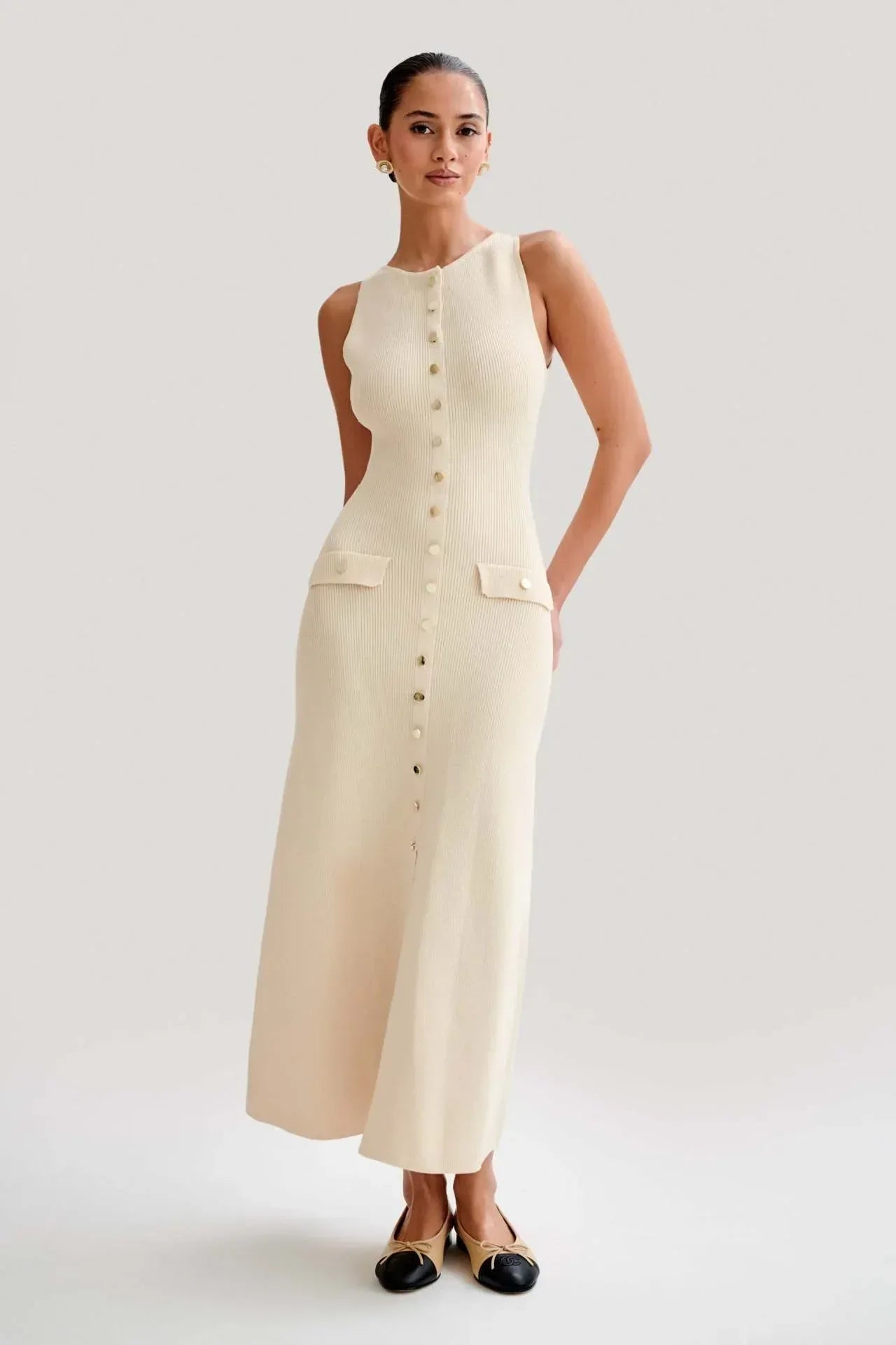 Sleeveless Ribbed Button-Front Knit Dress