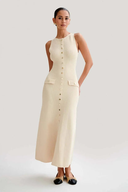 Sleeveless Ribbed Button-Front Knit Dress