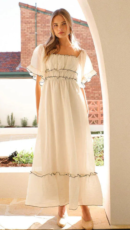 Off Shoulder Puff Sleeve White Maxi Dress