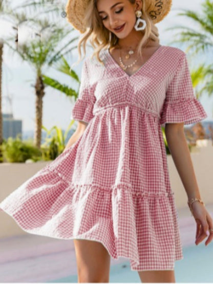 Plaid Ruffled Sleeves V-neck Tie Mini&Short Dresses