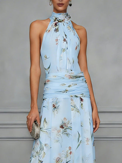 Halter Printed Temperament Waist Parties Maxi Dresses