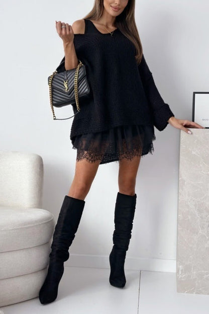 Round Neck Sleeveless Patchwork Lace Trim Mini Dress