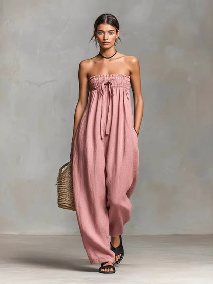 Simple Strapless Jumpsuit Made Of Cotton And Linen Blend