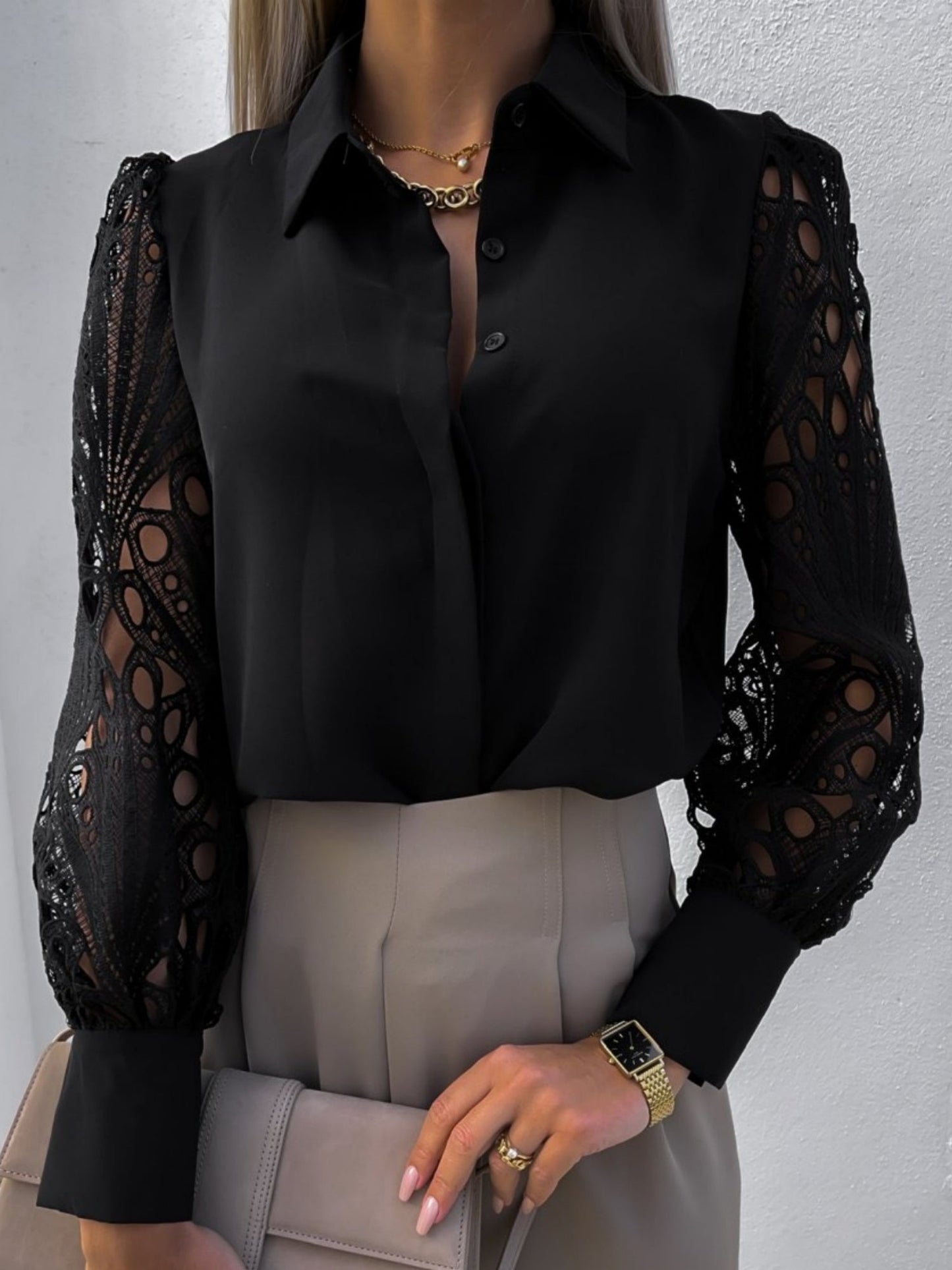 Lace Patchwork Hollow Out Blouse&Shirts