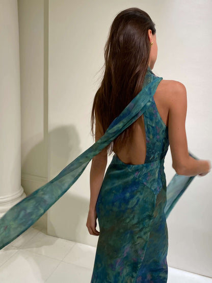 Halter Scarf Neck Keyhole Plisse Print Maxi Dress