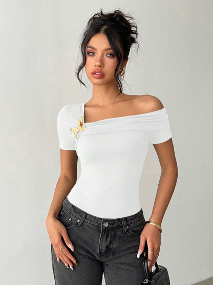 3D Butterfly Asymmetrical Neckline And Off-shoulder T-shirts