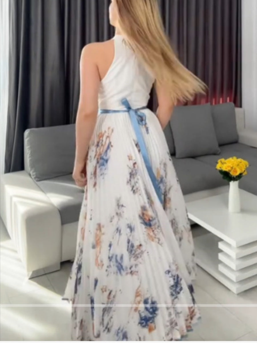 Plants And Flowers Printed Halter Hollow Crimp V-neck Maxi Dresses
