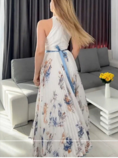 Plants And Flowers Printed Halter Hollow Crimp V-neck Maxi Dresses