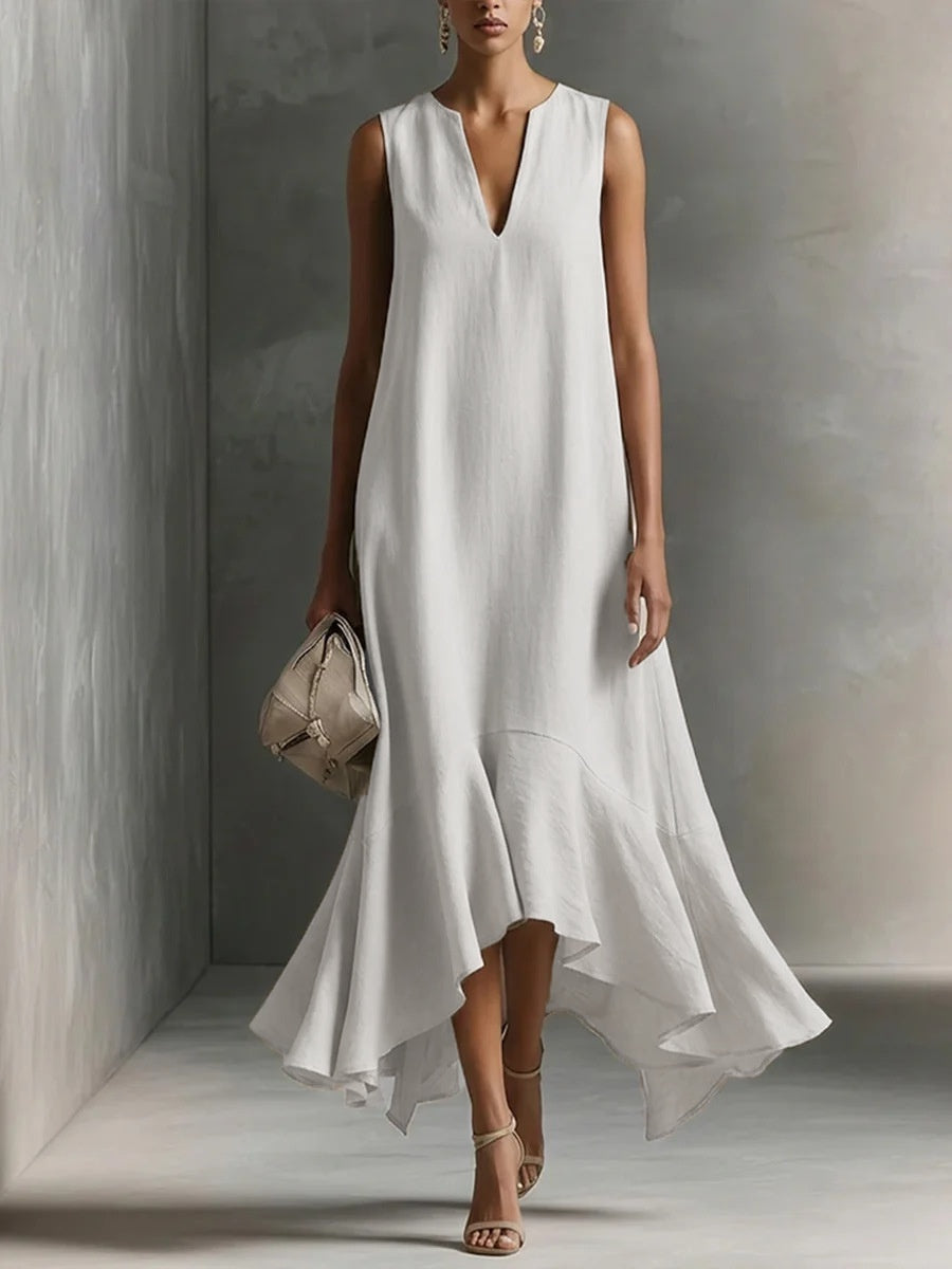 Sleeveless Irregular Hem Deep V-neck Maxi Dresses