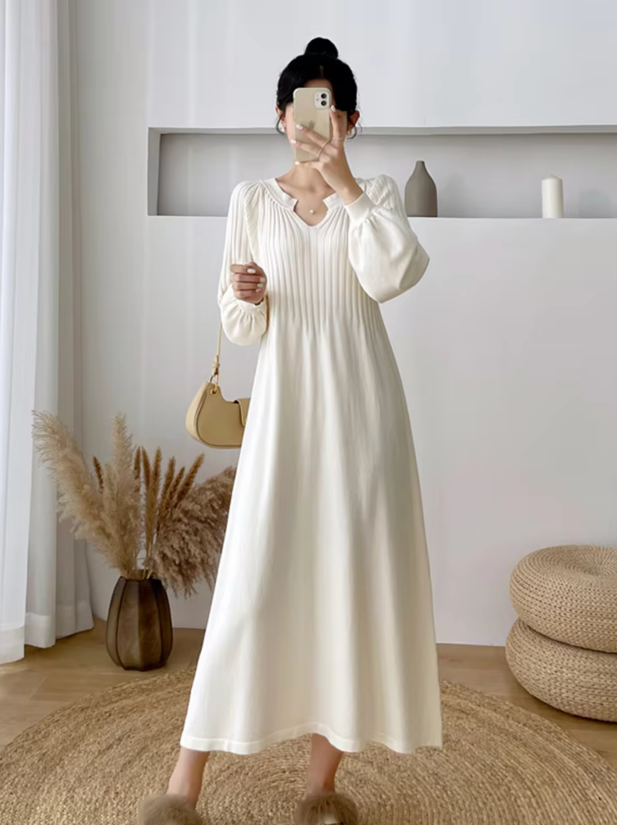 V-Neck Bishop Sleeve Rib Knit A-Line Maxi Sweater Dress