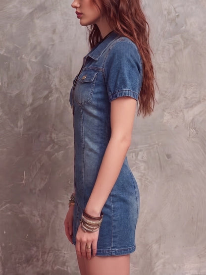 Denim Lapel Short Sleeve Slim-fit Commuting Mini&Short Dresses