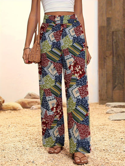 Printed Elastic Waistband High-waisted Loose-fit Pants