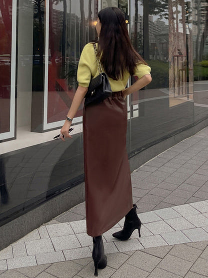 PU Leather Buttons Pleated High-waisted Side Slit Longline Skirts