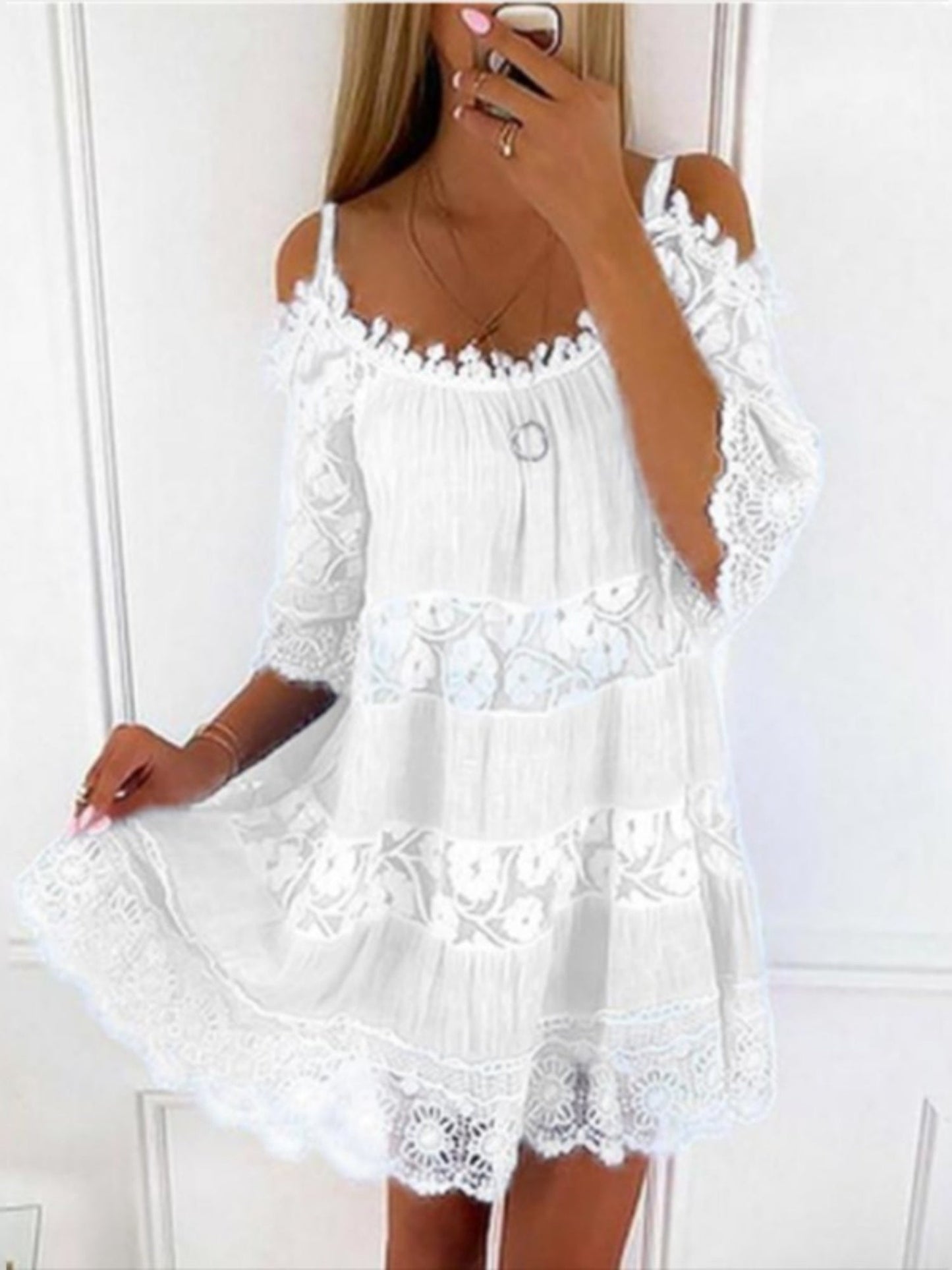 Lace Trim Hollow Out Splicing Spaghetti Strap Off-shoulder Mini&Short Dresses