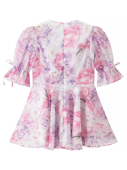 Floral Print Chiffon Puff Sleeve V-neck Mini&Short Dresses