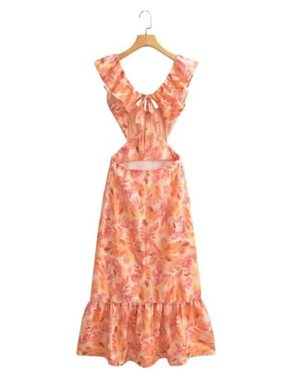 Ruffle V-neck Backless Strappy Maxi Dresses
