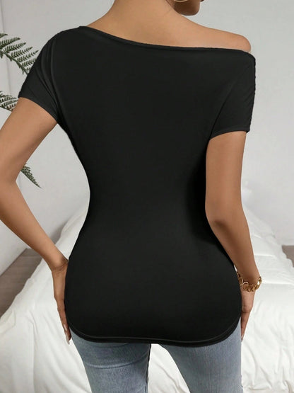 Pleated Asymmetrical Collar V-neck Short-sleeved T-shirt