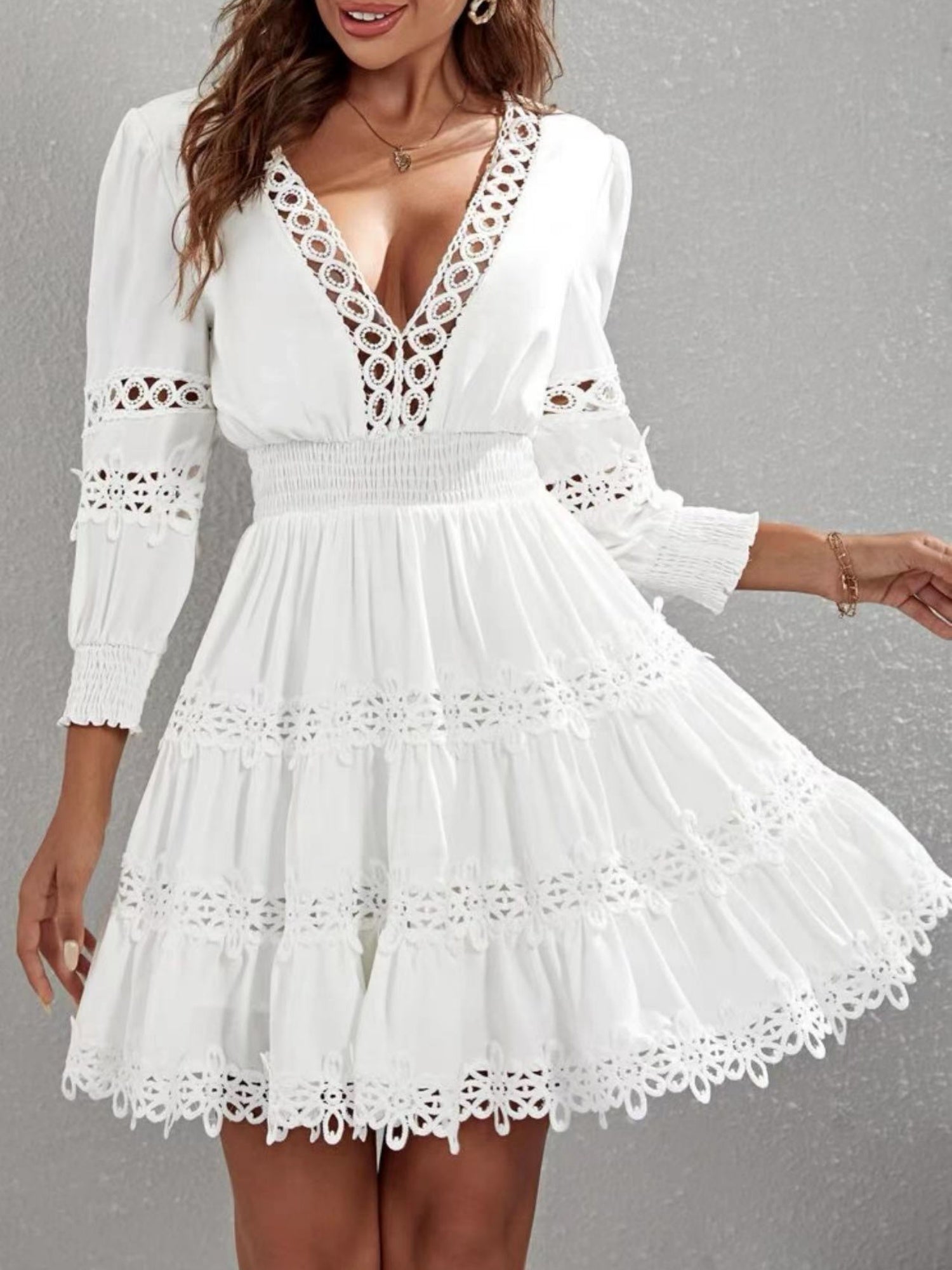 Lace Trim Hollow Out V-neck Long Sleeve Mini&Short Dresses