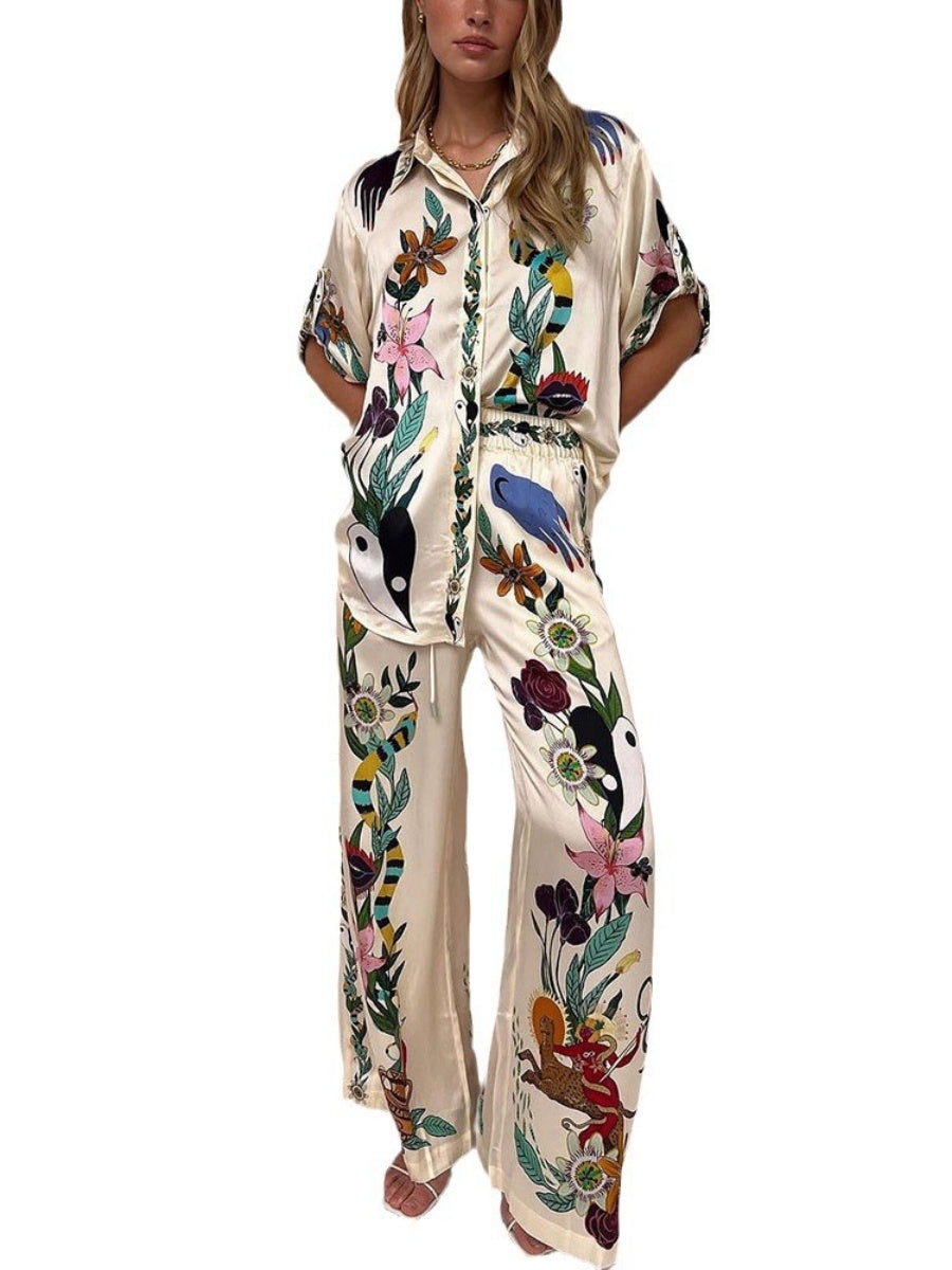 Printed Vacation Long-sleeved Shirt Pants Wide Leg Set 2-piece Sets