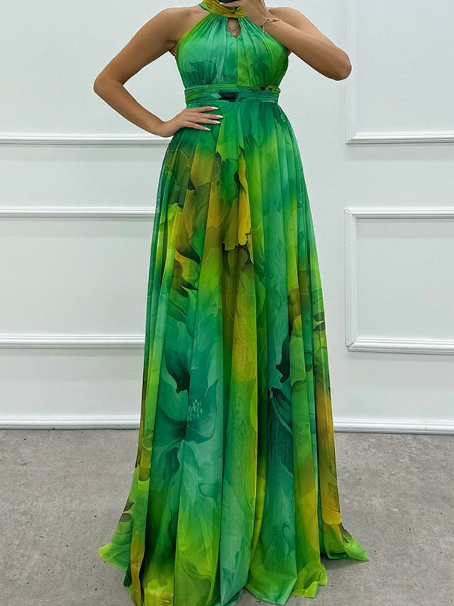 Mesh Printed Halter Formal Dress Maxi Dresses