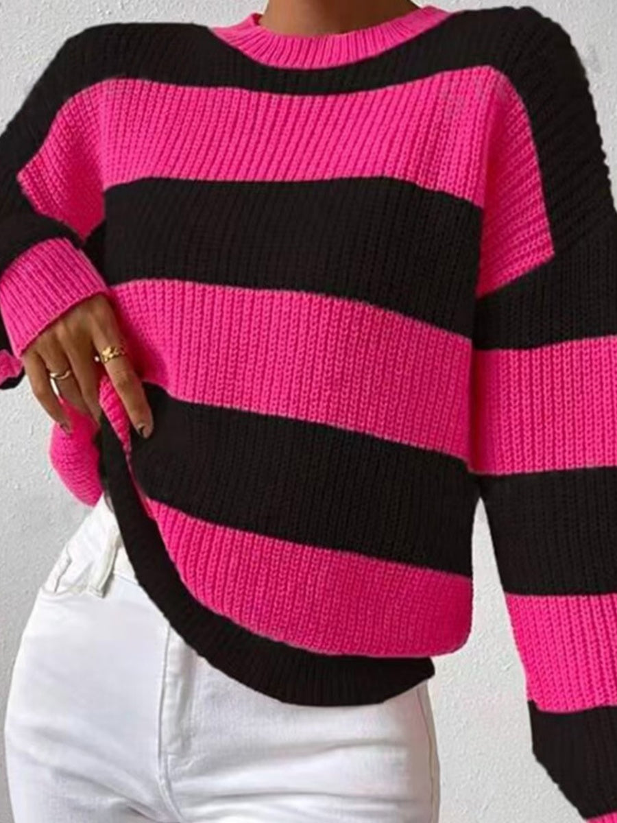Stripes Contrasting Colors Dropped Shoulder Sleeves Loose Sweaters