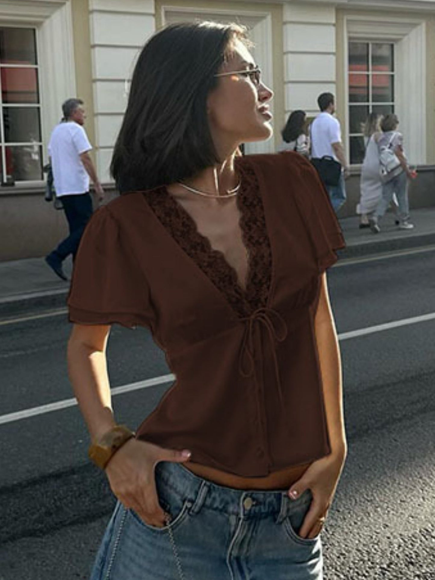Lace Trim Straps V-neck Short-sleeved T-shirt